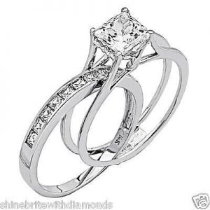 2 Cut 2 Piece Engagement Wedding Ring Band Set Solid 14K White Gold