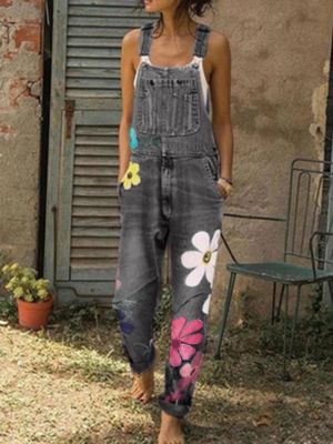 miriamshop בגדי נשים  Women Casual Big Flower Print Pockets Denim Jumpsuit