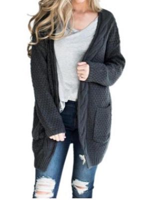 Women Knitted Solid Color Loose Pocket Twisted Sweater Cardigans