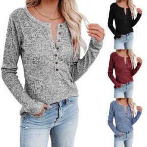 miriamshop בגדי נשים  Women Casual Crew Neck T Shirt Solid Print Button Tunic Blouse Long Sleeve Tops
