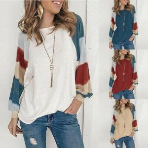 Women Casual Long Sleeve Crew Neck T Shirt Splice Print Loose Blouse Cosy Tops
